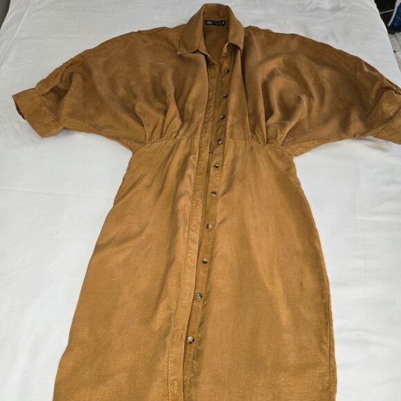 Zara pleated midi shirt dress midi toffee button down dress XS - Picture 6 of 12
